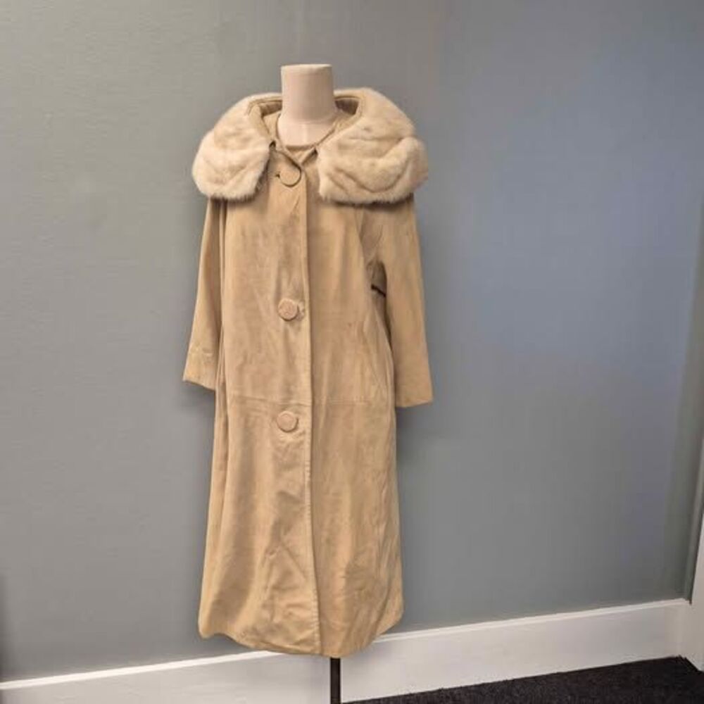 Vintage Beige Suede Long Trench Coat with Blonde Fur Collar | Maxi Duster